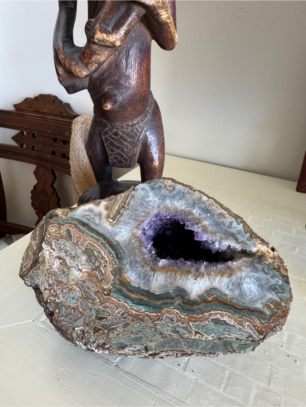 Large Natural Amethyst Geode w Agate Banding- Quartz Crystal Mineral Specimen